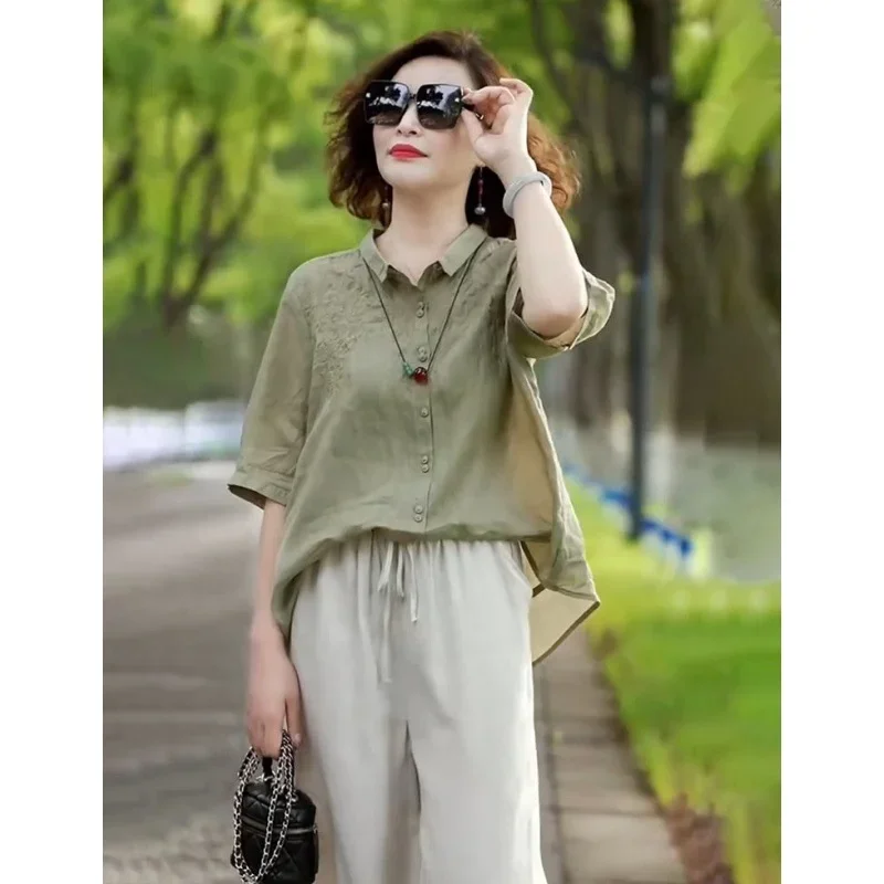 Immagine 7: Camicie floreali ricamate retrò da donna estive Pantaloni a gamba larga solidi Set da due pezzi 2025 Camicetta polo in cotone da donna Pantaloni Abiti