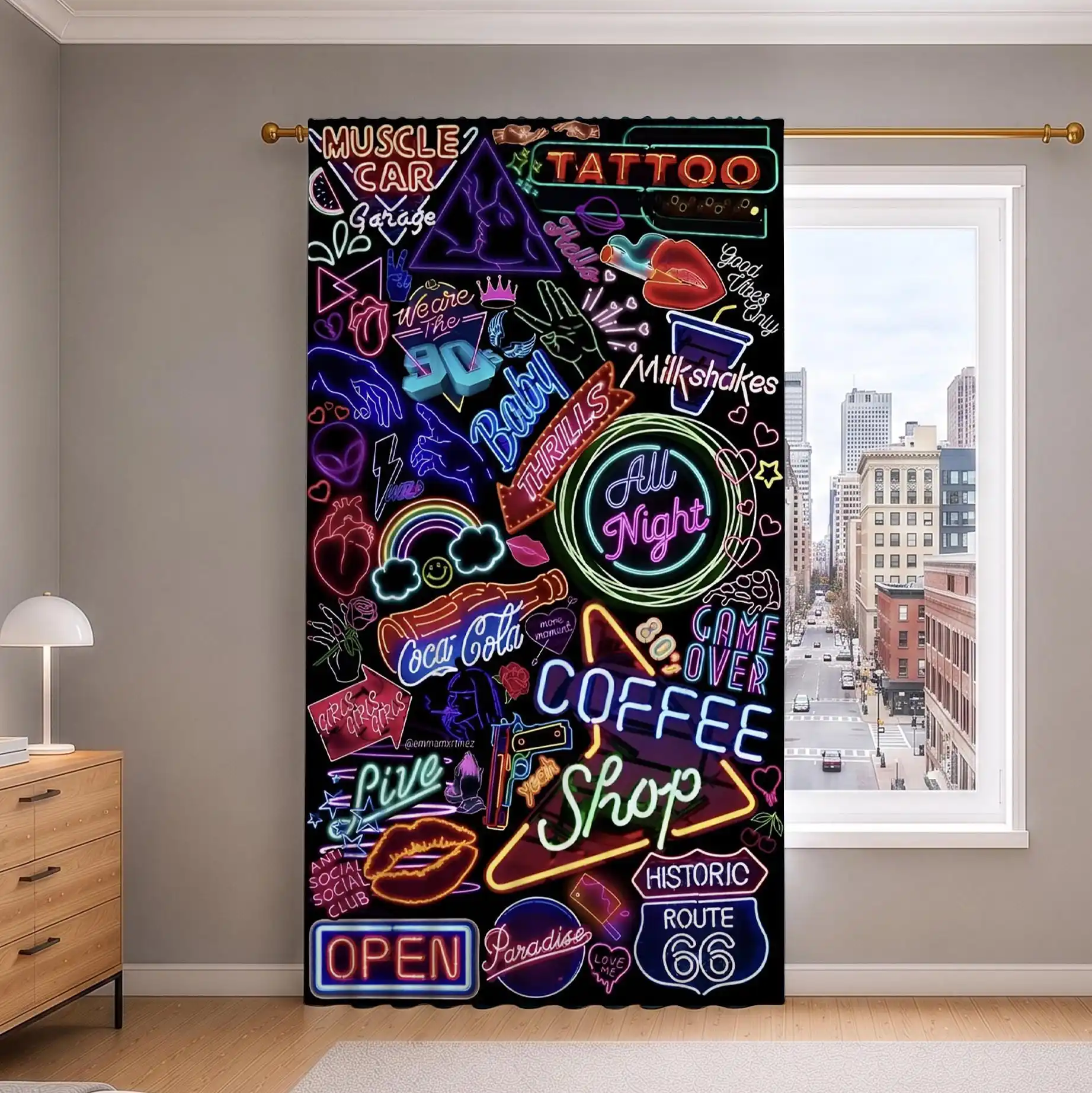 Retro Tattoo Cafe Vibes Curtains for Home Decor Funky Pop Art Aesthetic Window Treatment