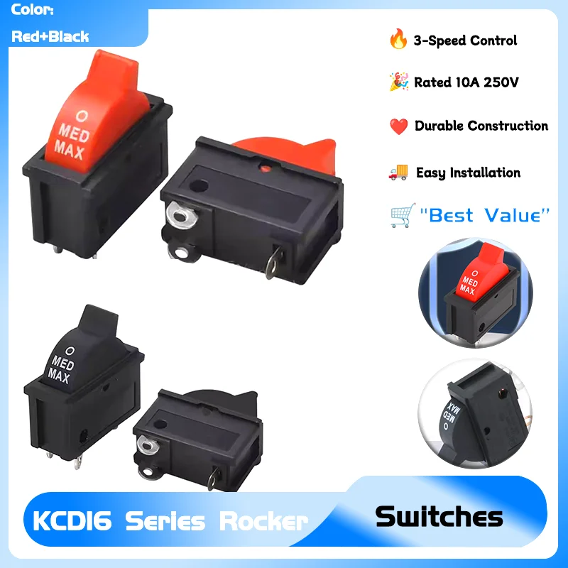 

KCD16 3 Positions 3Pin For Hair dryer SPDT Switch Wind Speed Control Button Rocker Switch Black Red 10A 250V