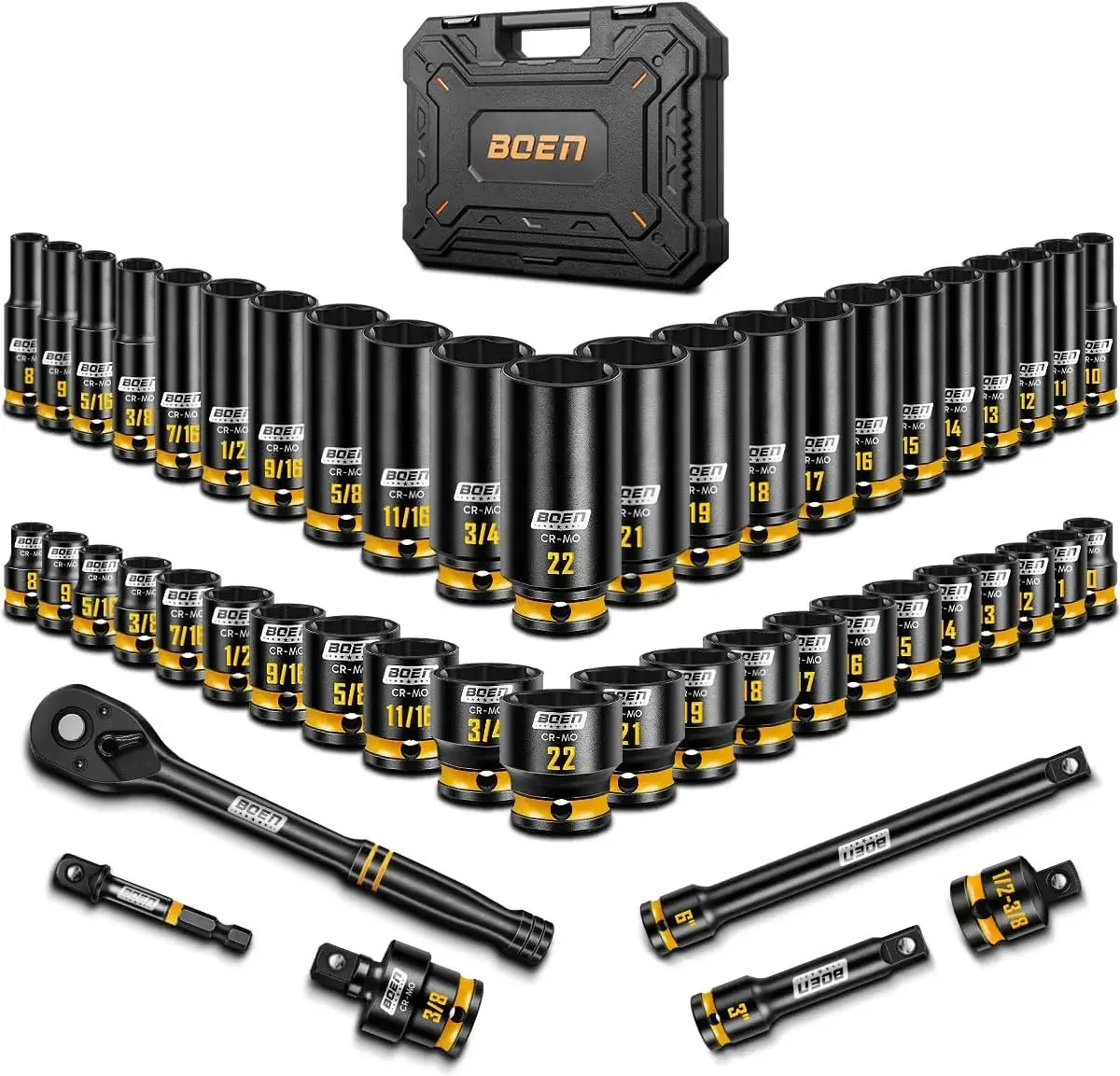 3/8'' Drive Impact Socket Set, 50PCS Standard SAE (5/16 to 3/4 inch) and Metric (8mm-22mm), Deep & Shallow Size, 6-Point