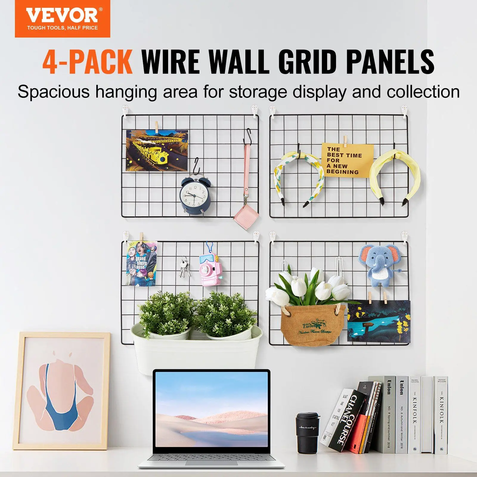 Grid Wall Panels, 4 Packs Wire Wall Grid for Photo Pictures Display, Wall Storage Organizer Metal Grid Wall Panel for Home