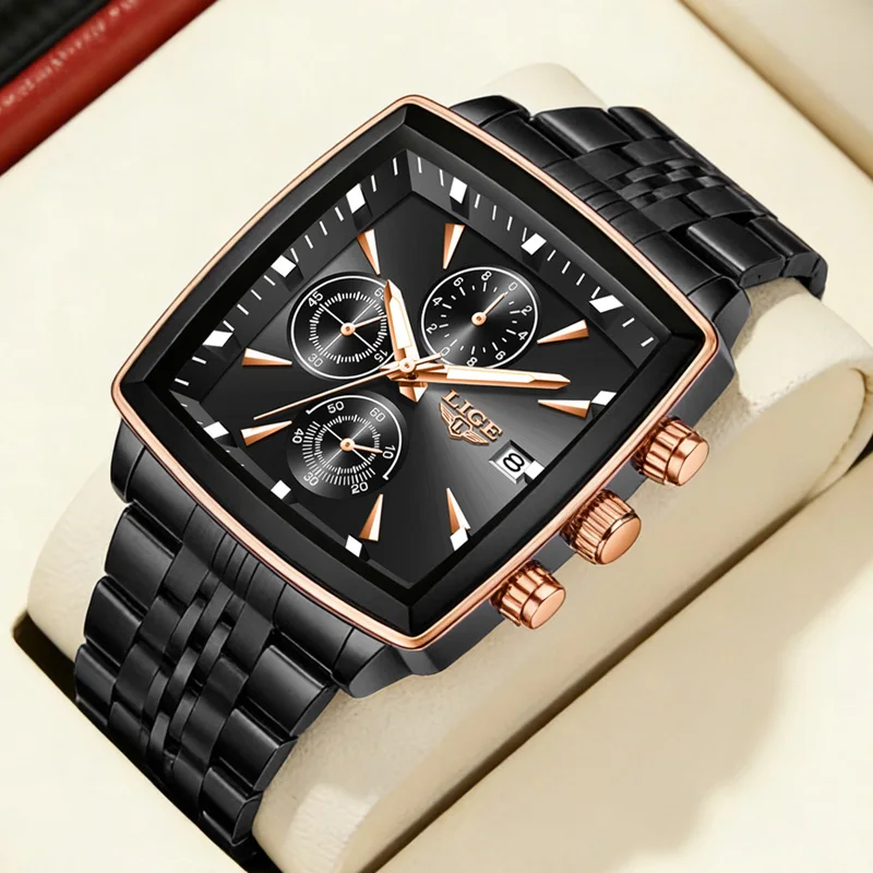 

LIGE Fashion Men's Watches Luminous Waterproof Stainless Steel Man Watch Military Quartz Chronograph Date Man Wristwatch+Box