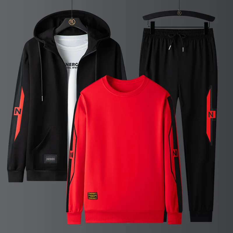 Big Size Men's Sports Suit Three Piece Hoodie Long Pants Long Sleeves Autumn and Winter Loose Fashion Casual Sportswear 2025