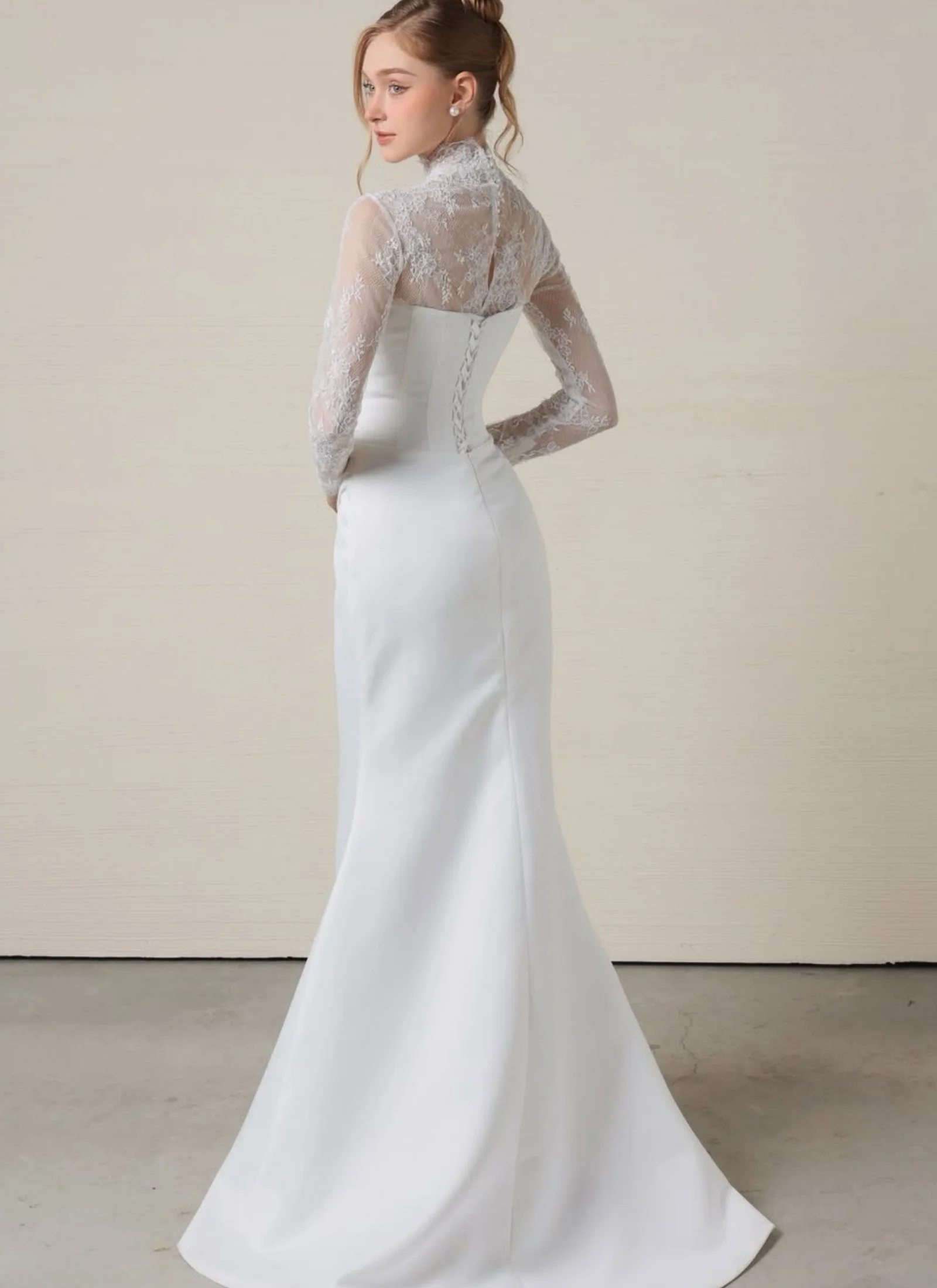 Romantic Bridal Dress High Neck Lace Sleeves Mermaid Satin Skirt Ruched Bodice Chapel Train Classic Wedding Gown Customized
