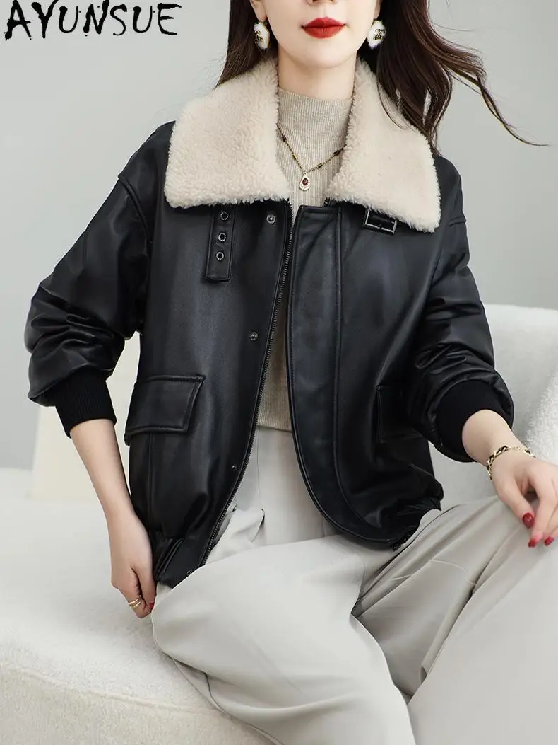 AYUNSUE Giacca in vera pelle naturale Donna Giacche da moto Primavera Autunno Vestiti Cappotto in cotone Cappotti da donna 2025 Jaqueta De Couro