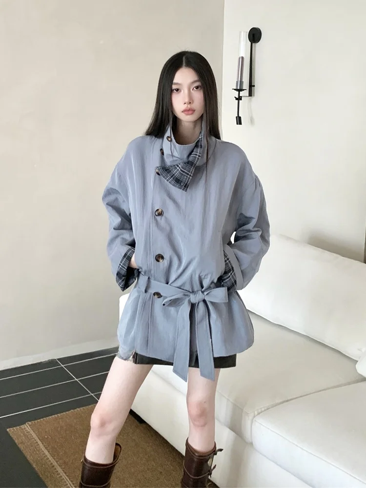 الرجعية كلية Sle الأزرق منقوشة الربط الوجهين ارتداء فضفاض الخصر ort معطف المرأة أوائل الخريف أعلى عارضة تخفيف Sle #1