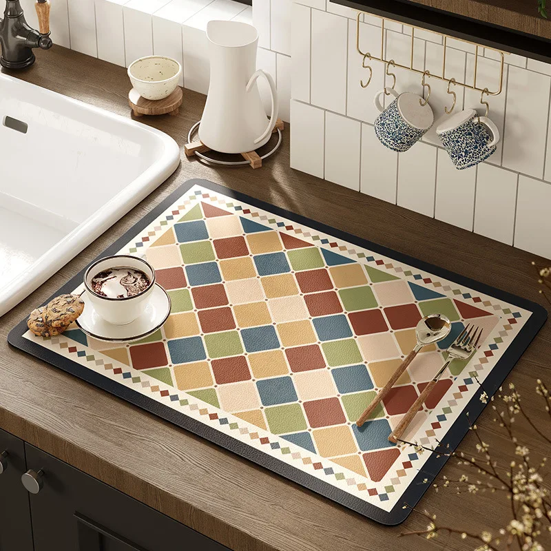 VIKAMA Alfombra retro para máquina de café, estera de drenaje, lavabo para mostrador de bar, alfombrilla absorbente de agua para suelo de barro de diatomeas, decoración del hogar