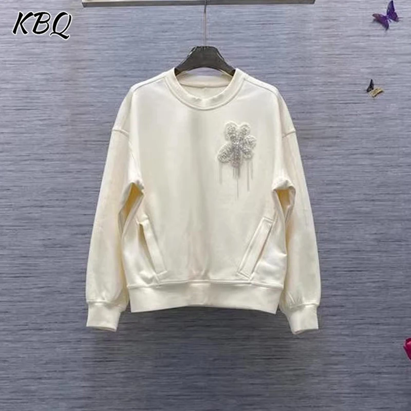 KBQ Solid Casual Spliced Tassel Sweatershirts For Women O Neck Long Sleeve Minimalist Loose Sweatershirt Female Fashion Style