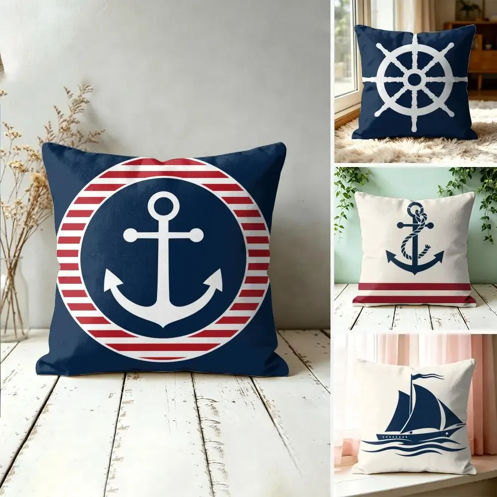 Navy Blue Nautical Ocean Boat Anchor Cushion Cover Square Decorative Throw Pillow 40x40cm Sofa Bedroom Living Room Home Decor