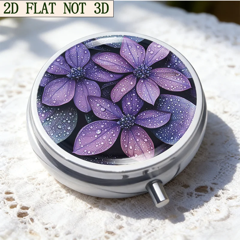 A purple glitter floral pattern 3-compartment portable pill box, vitamin storage box, suitable for purse or wallet, small multi-functional metal pill box for jewelry storage, essential travel organizer, unique holiday gift option. Flat Printing