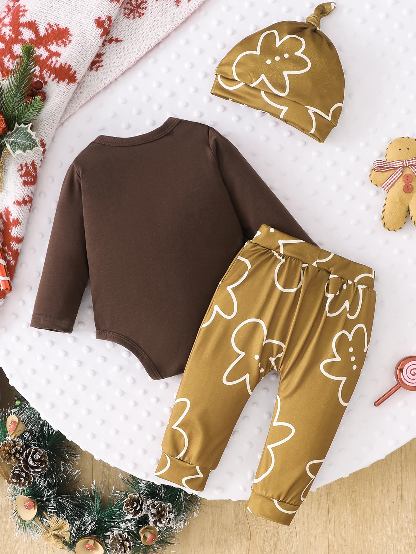 Baby Christmas 3Pcs Outfit Gingerbread Man Embroidery Long Sleeve Bodysuit Printed Pants Hat Newborn Infant Xmas Clothes Set