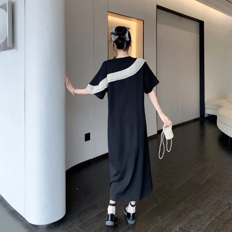 2025年夏新作 レディースワンピース ブラック パッチワーク Tシャツワンピース ゆったり 大きいサイズ フリル 女性用ローブ カジュアル レディースドレス KE60021