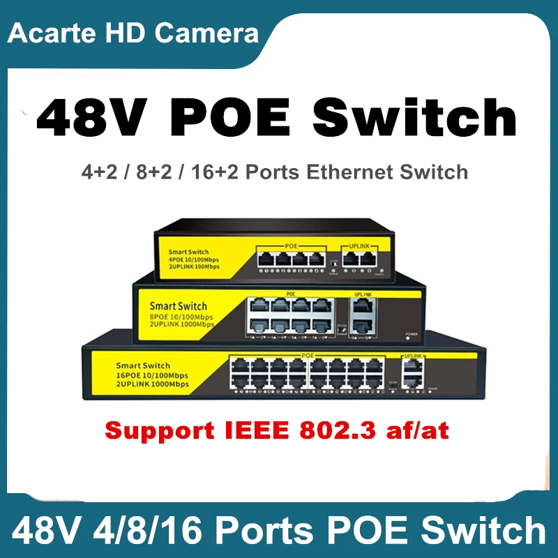 48V Poe Ethernet switch, 4+2/8+2/16+2 ports, 100Mbps, IEEE 802.3AF/at for IP camera