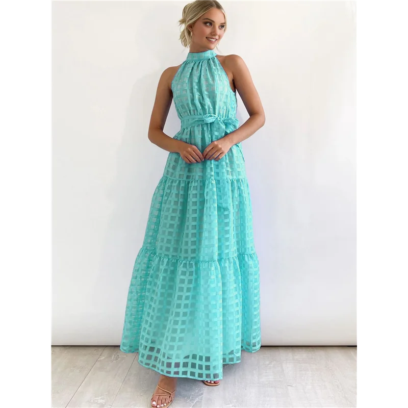 Abito estivo da donna maxi floreale da sole senza maniche con scollo all'americana e orlo fluido con volant Abiti lunghi Boho con cintura
