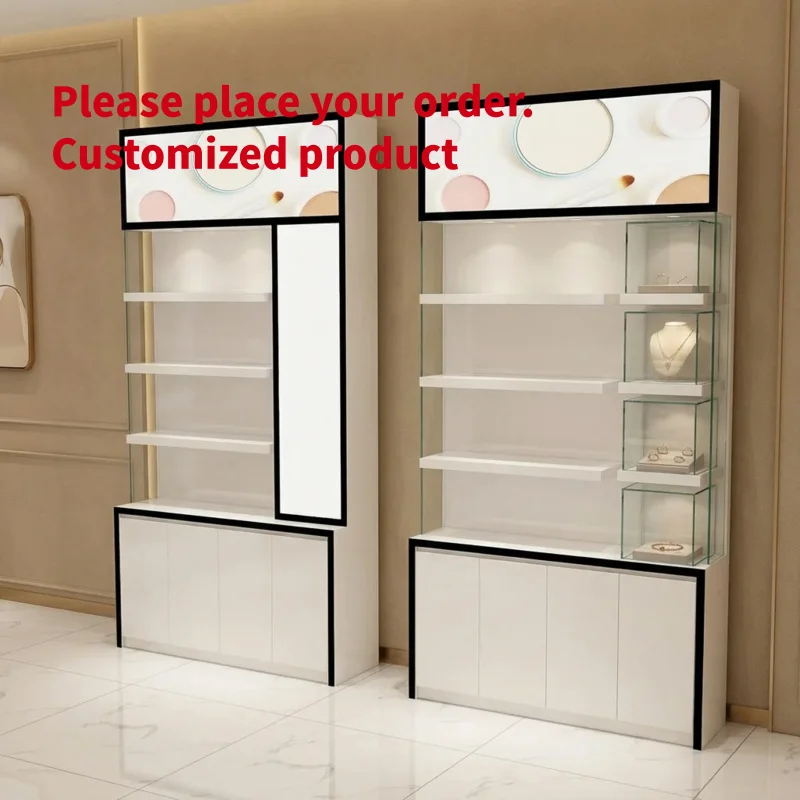 custom.Luxury Retail Display Wall Backlit Lightbox Header LED Glass Shelving Shadow Box Mirror Panel White Cabinet Black