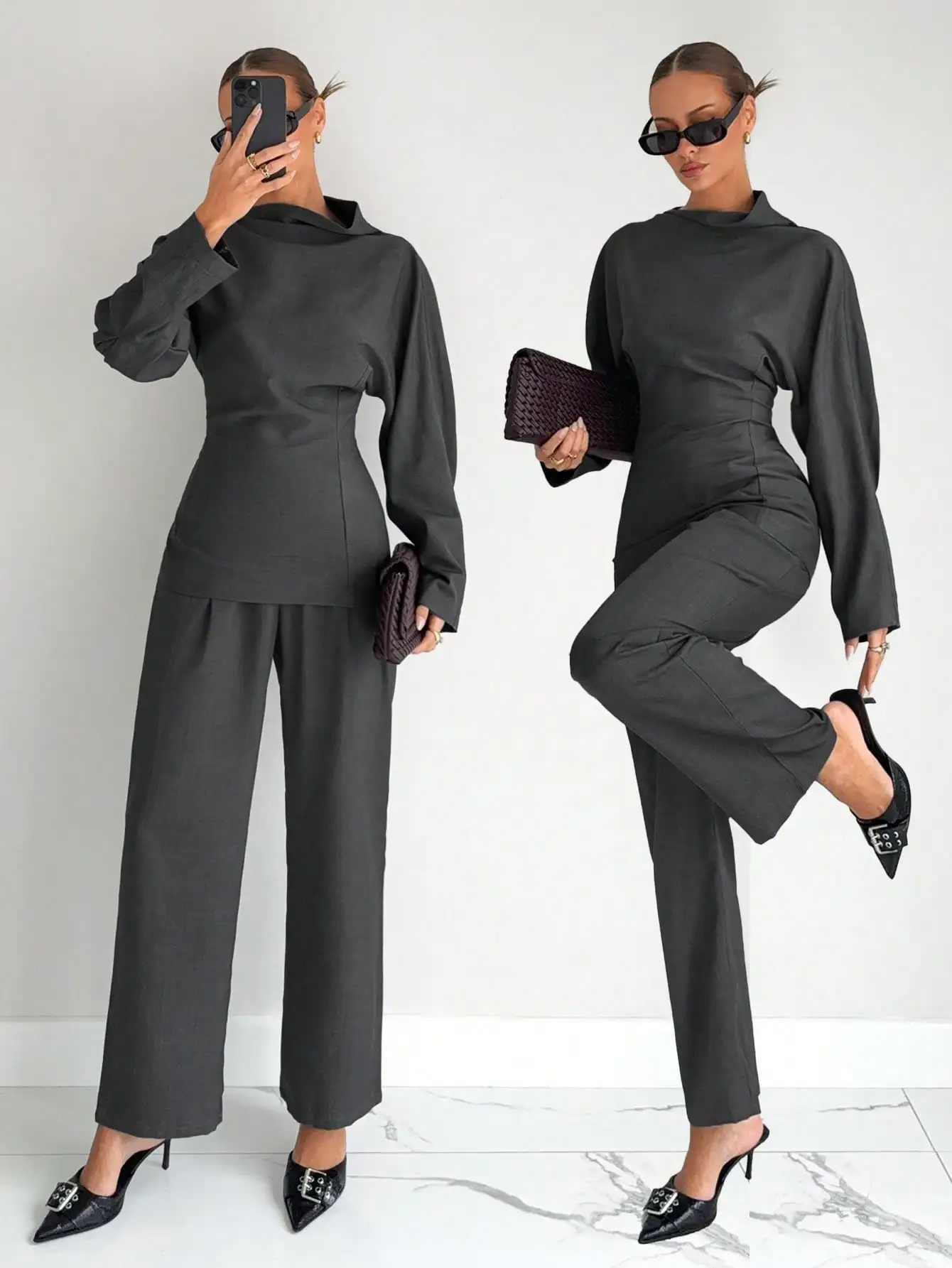 회색 2피스 여성 티셔츠 세트, 비즈니스 캐주얼 오피스웨어, 겨울용 모던 출퇴근복