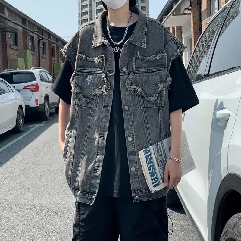 

Gray Vest Waistcoat Men Japanese Retro Trendy Couple Style Patch Sleeveless Vest Frayed