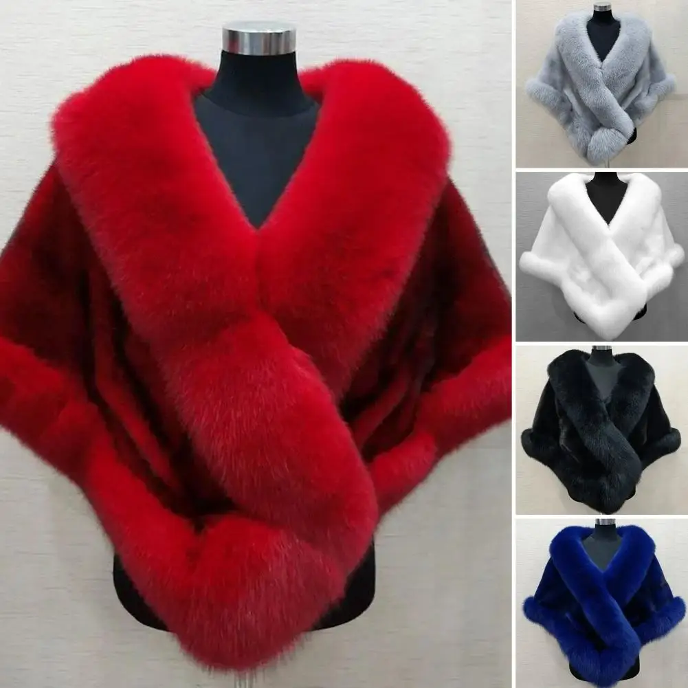 

Thickened Warm Solid Color Fluffy Cape Coat Women Winter Faux Mink Fox Fur Shawl