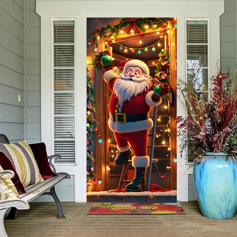 Santa Red Door Cover Home Christmas Funny Decoration Linings for Christmas Indoor Outdoor Garden Porch  Xmas Doors 180x90cm