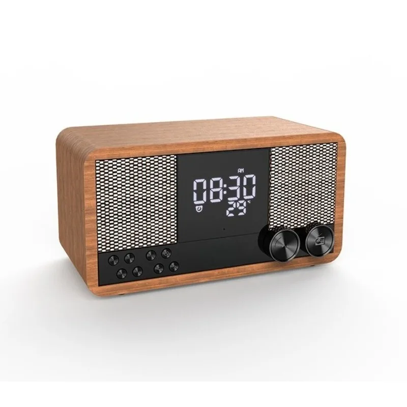 Retro Bluetooth Speaker Wooden Home FM Radio Clock Alarm Clock Audio Subwoofer