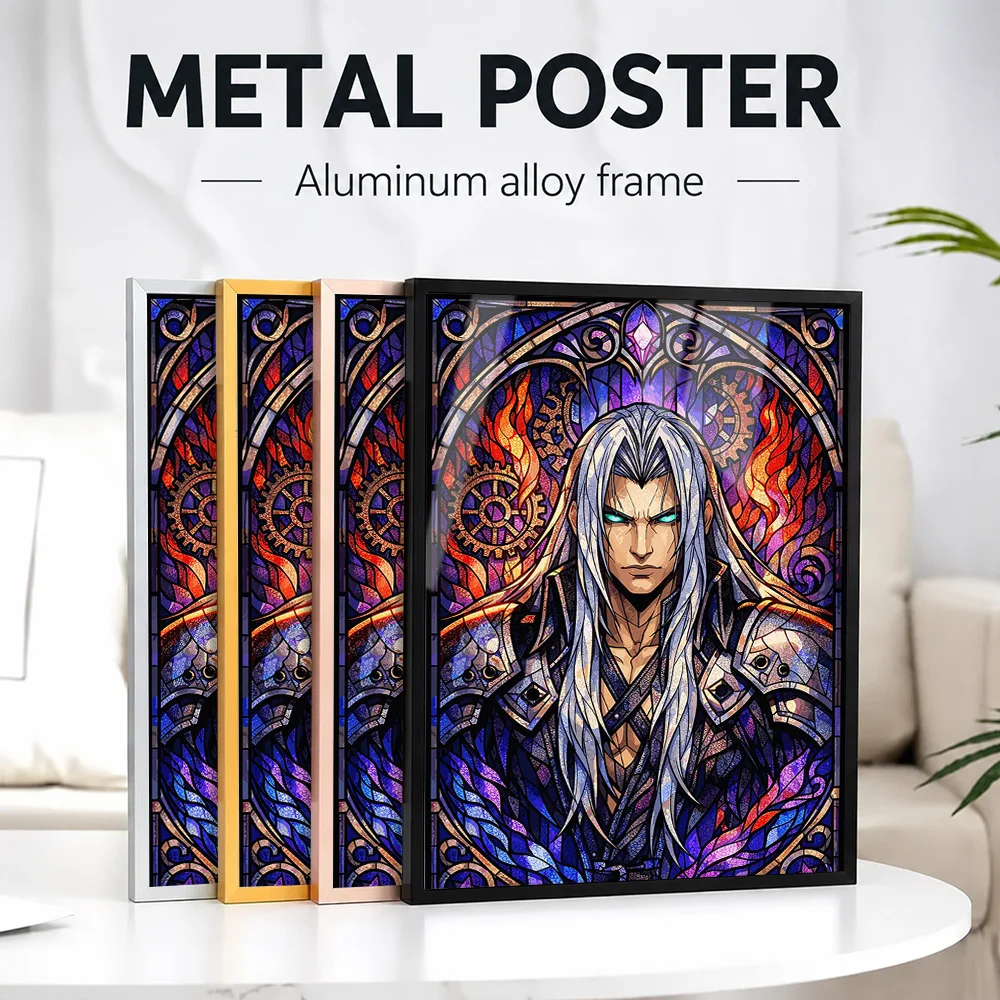 Sephiroth Stained Glass Framed Metal Print Customized Photo Vibrant Character Style Wall Art For Gaming Setup Fantasy Fan Gift