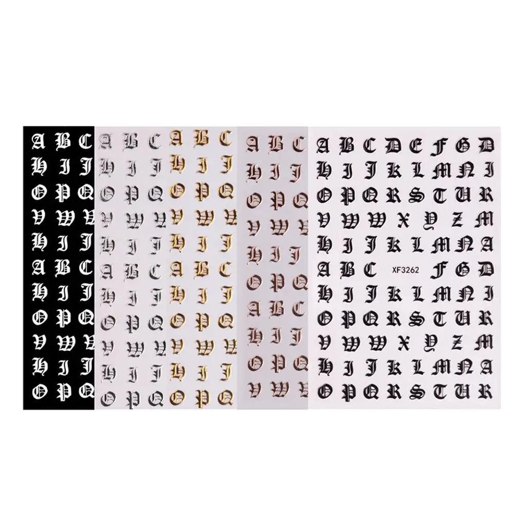 Confezione da 5 adesivi adesivi per nail art, lettere dell'alfabeto, decalcomanie, stencil per