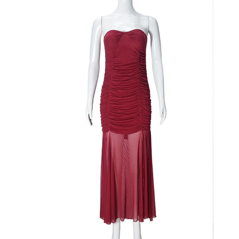 OMSJ หญิงแฟชั่นเซ็กซี่ใหม่ยืดหยุ่น Strapless ตาข่าย Sheer Backless ห่อสะโพก Bodycon จีบยาวแยกชุด Solid Party Wear