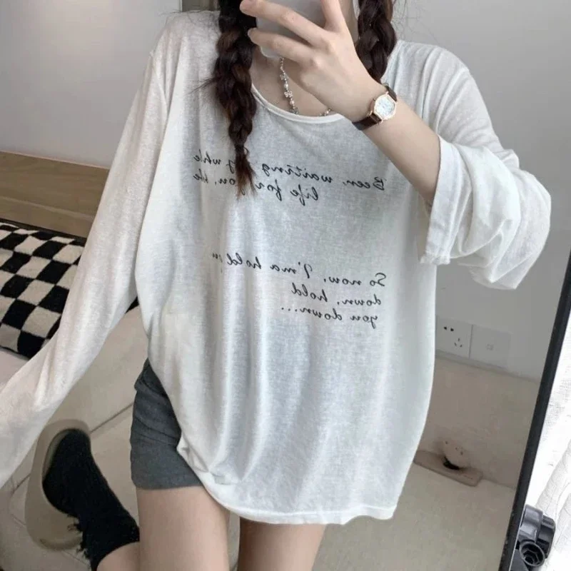 Perspective Thin Long Sleeve Lazy Style T Shirts Summer New Ice Silk Print Letter Loose Korean Tops Fashion Casual Women Clothes