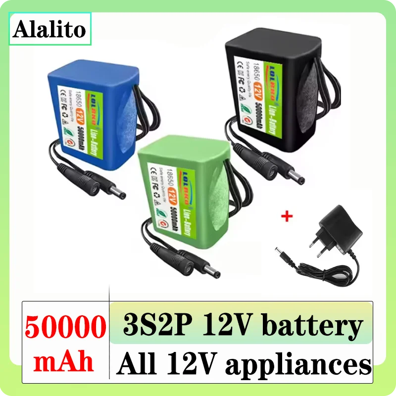 

18650 3S2P 12V 50000mah Original Lithium Ion Battery DC 12.6V 50Ah Rechargeable CCTV, Camera Monitor Replacement Battery+Charger