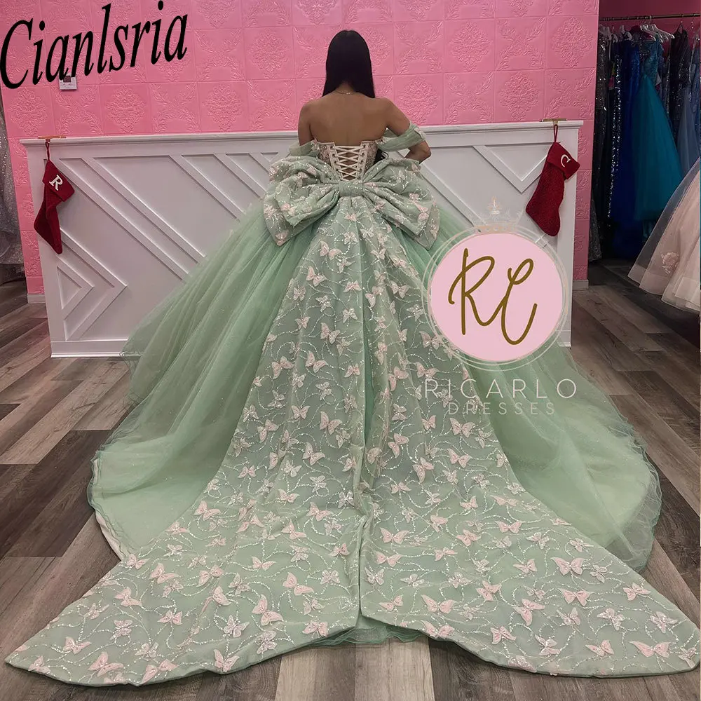 Robe de Rhpapillon en cristal perlé vert sauge 3D, robes de Quinceanera, Off The Initiated Icidal, Bow Corset, Educational, 15 ans