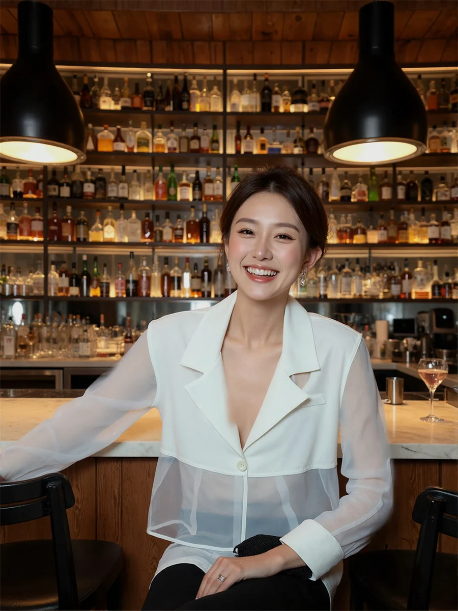 

Sun-proof Cropped See-through Back-Slit Blazers For Woman With Designs Clothes Women Spring Notched Collar Elegant Office Lady