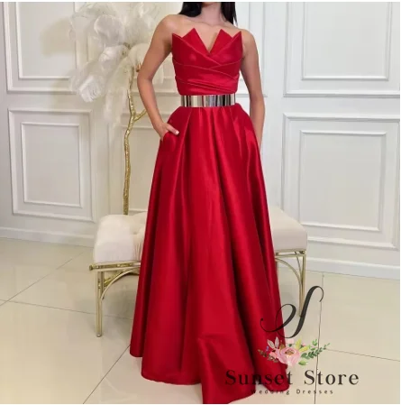 Customized  A-Line Floor Length Side Slit Strapless Satin Sleeveless Pleats Evening Dress Special Occasion Gowns Exquisite and T