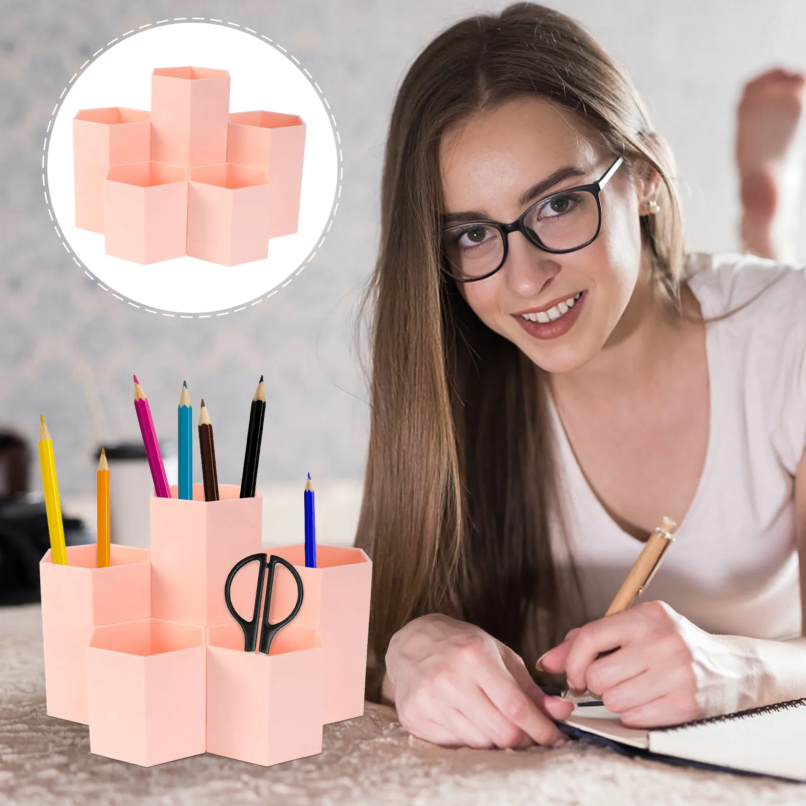 

1pc Hexagon Pen Container Desktop Storage Box Decorative Pen Holder School Office Brush Pot Pencil Organizer Compartment Storage
