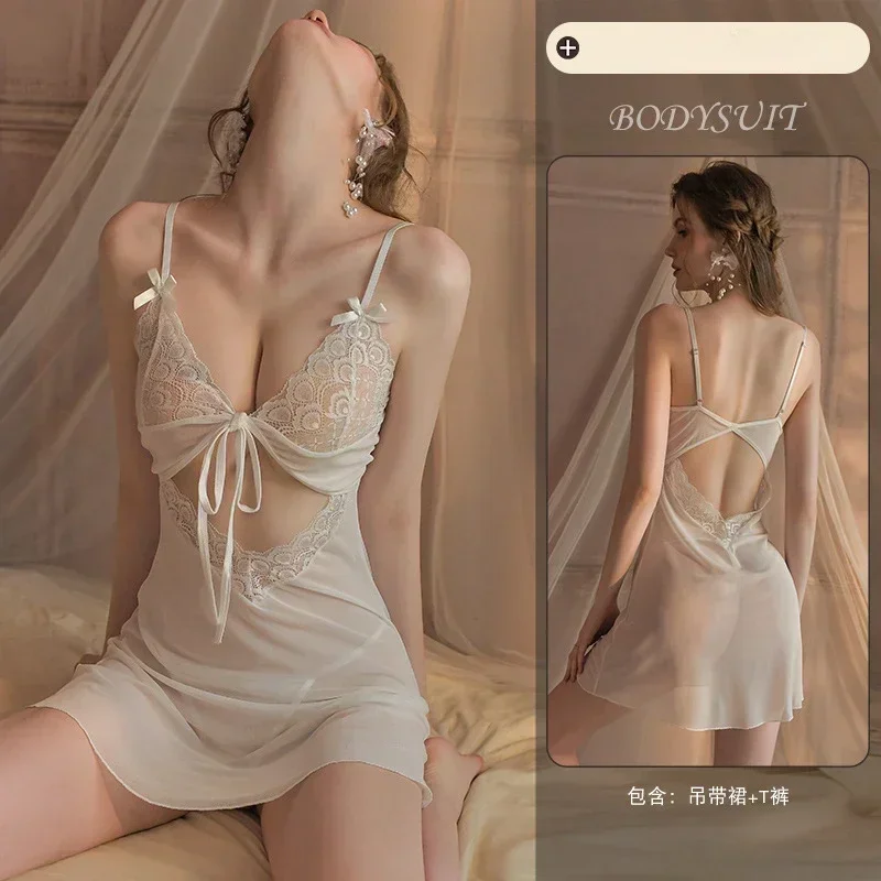 

Women Sexy New Lace Suspender Nightdress Erotic Lingerie Lace Pajama Set Babydoll Dress Costumes Mesh Transparent Nightgown