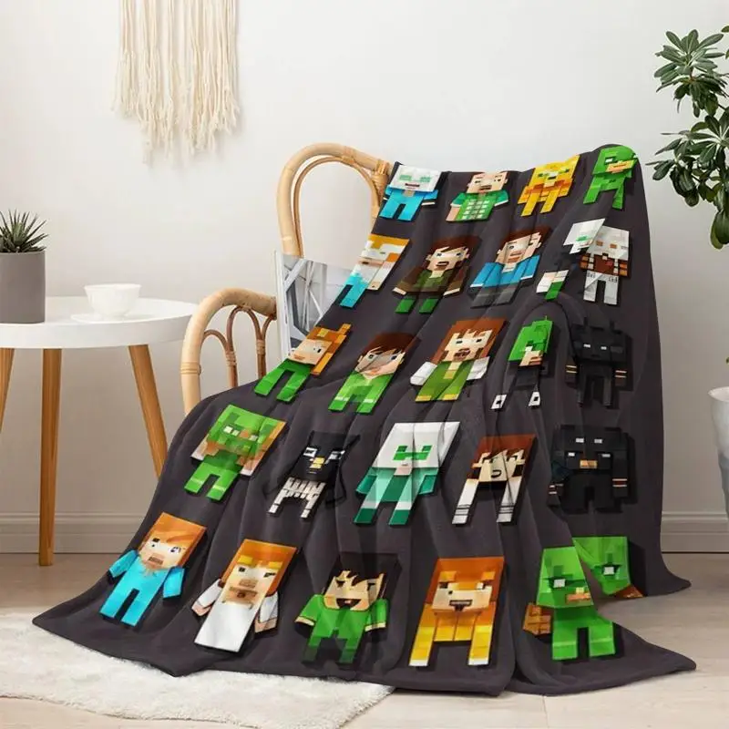 Cartoon Block Character Flannel Blanket, Popular Pixel Game Figure Pattern Lightweight Throw Blanket for Bed Couch Home Use