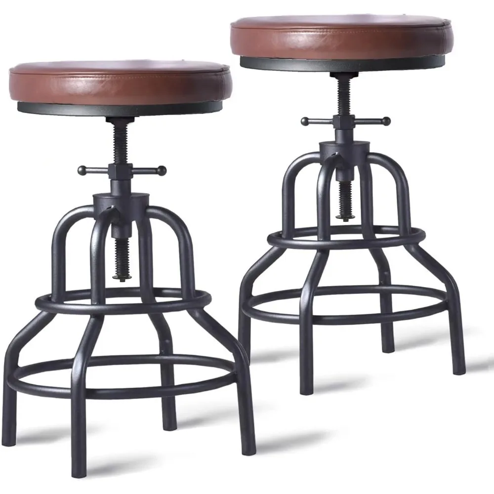 

Industrial Bar Stools-Swivel Leather Metal Bar Stool-20-27 Inch Tall Counter Height-Adjustable Kitchen Stool Dining Chair