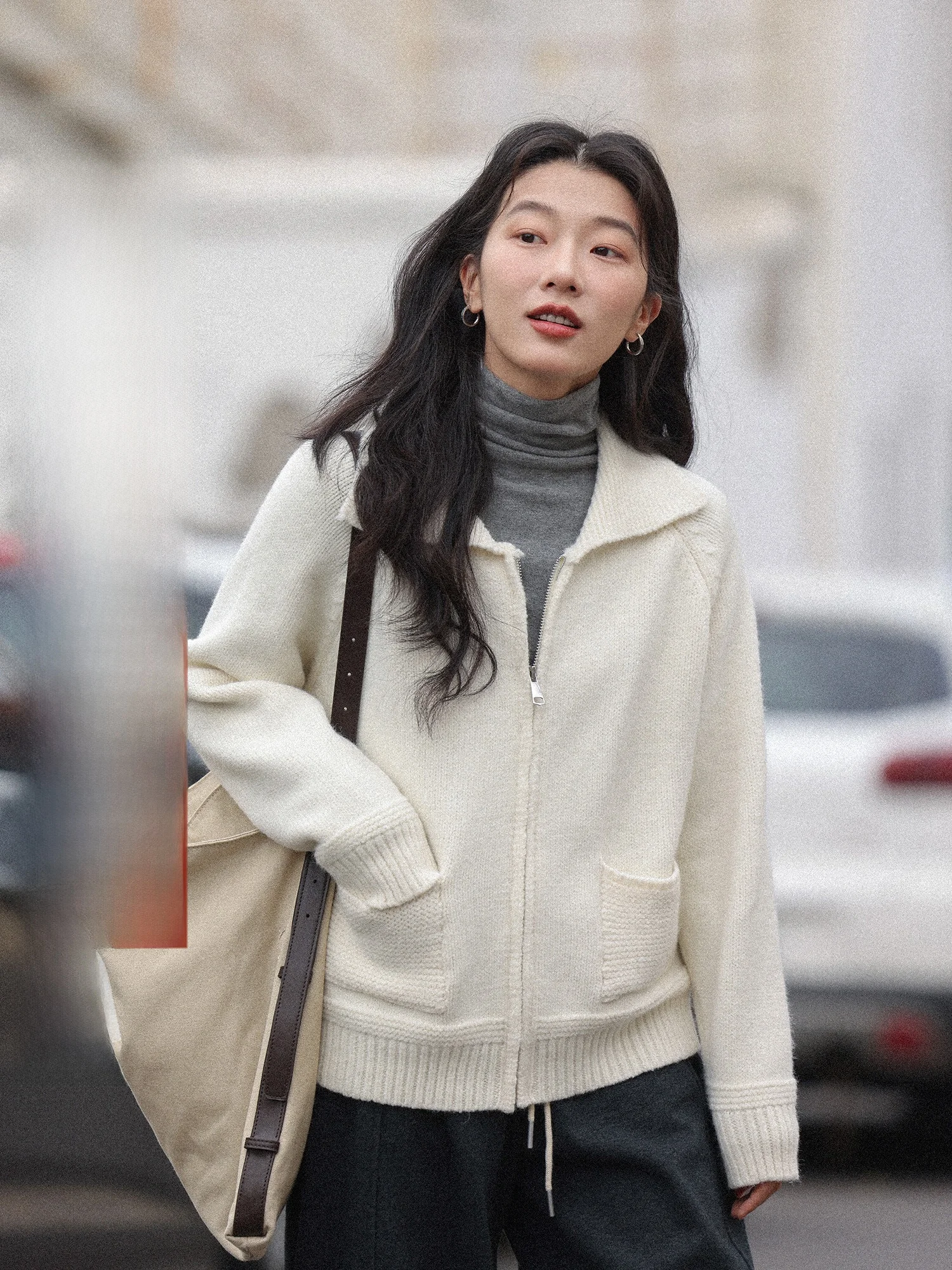 

Stunning White Zipper Ne Knitwear Cardigan Women's Winter Faion Outerwear Loose Fit Long Sve Thermal Regular Length