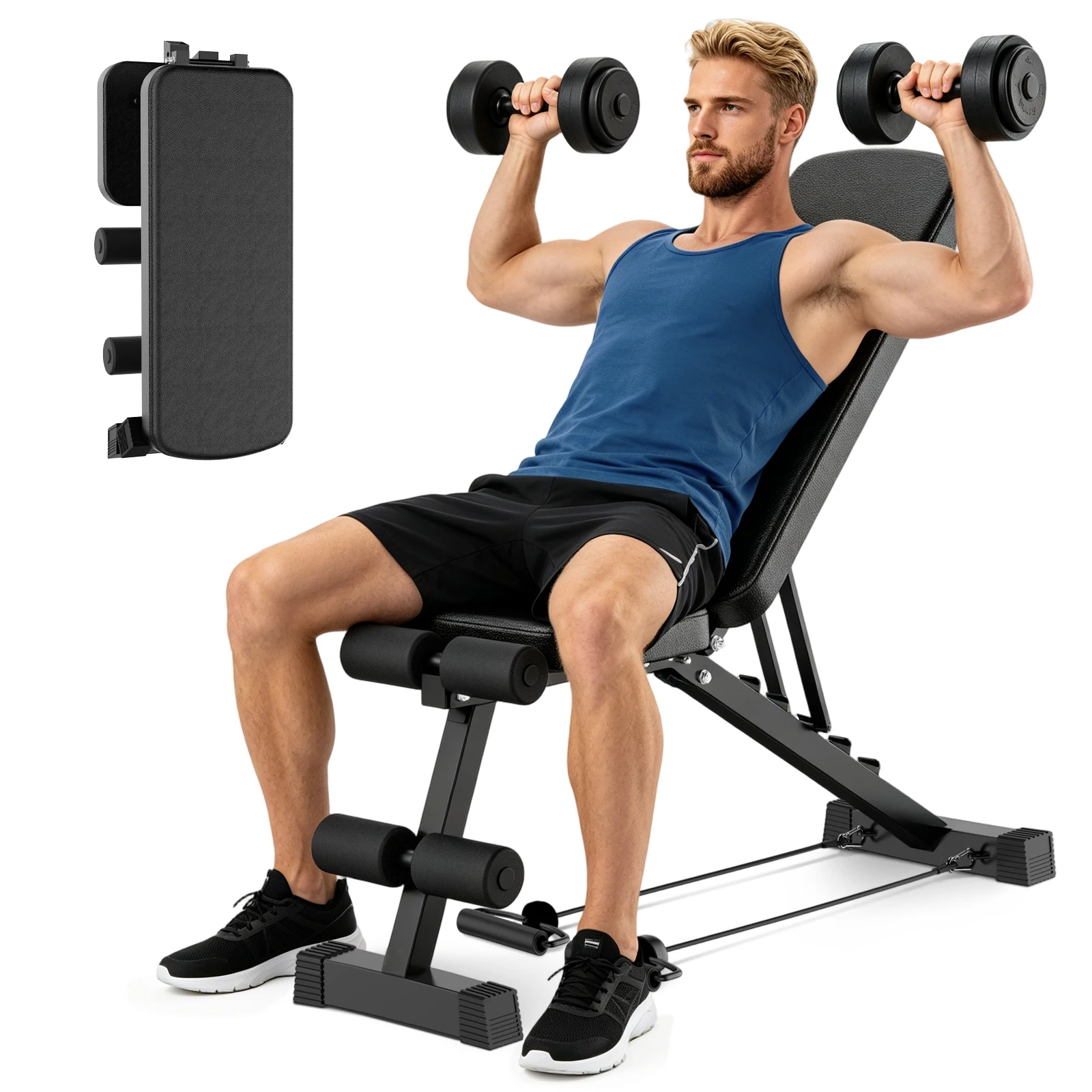 Banc de musculation 10-en-1 pliable, banc à haltères multifonctionnel pour la maison, inclinaison/declinaison/plat réglable sur 5 niveaux, bande de résistance bonus pour un entraînement complet du corps