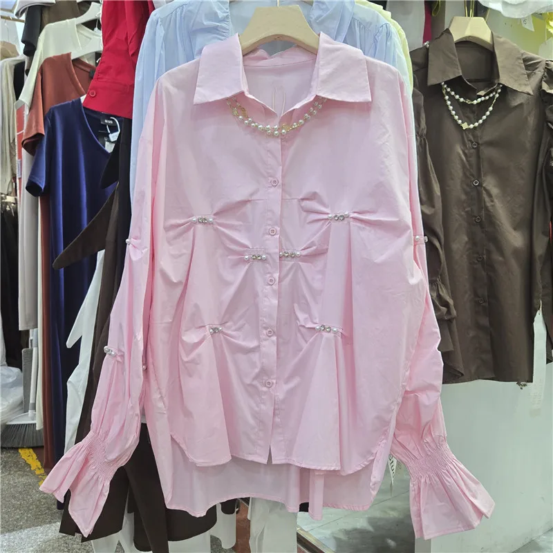 

Женская рубашка SuperAen 2026: Новинка весенней коллекции, модная, с бриллиантовым узором, рюшами, пышными рукавами, свободным кроем, с бисером и складками, повседневная