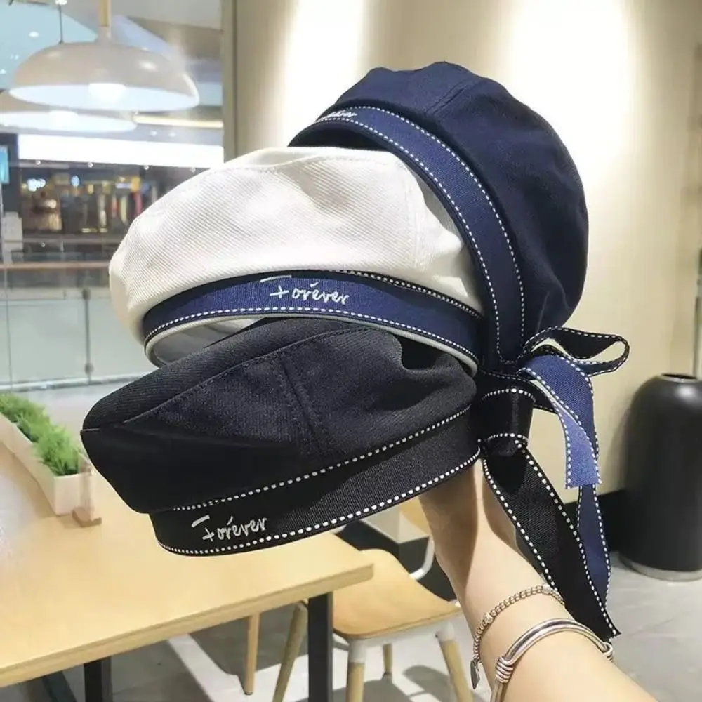 Japanese Style Sailor Hat Ribbon Bowknot Letter Embroidery Beret Hat Breathable Lightweight Uniform Hat