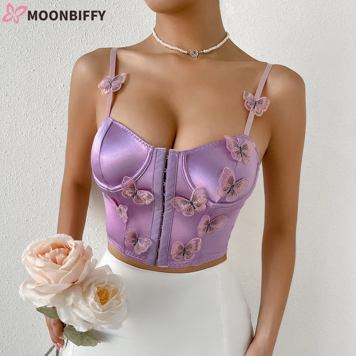 

Women Satin Butterfly Appliques Crop Tops Y2K Hook Gothic Tank Top Sexy Backless Bralette Corset Top Bustier Skinny Camisole