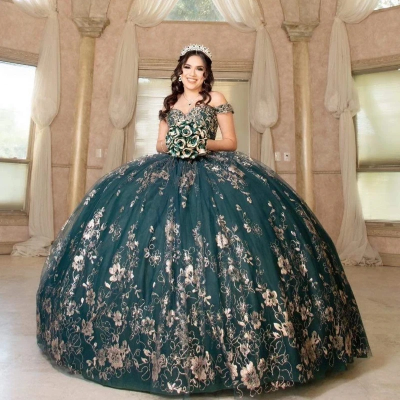 Blackish Green Sparkly Off the Shoulder Appliques Lace Quinceanera Dresses Ball Gown Sleeveless Ruffles Corset For Sweet 15 Girl