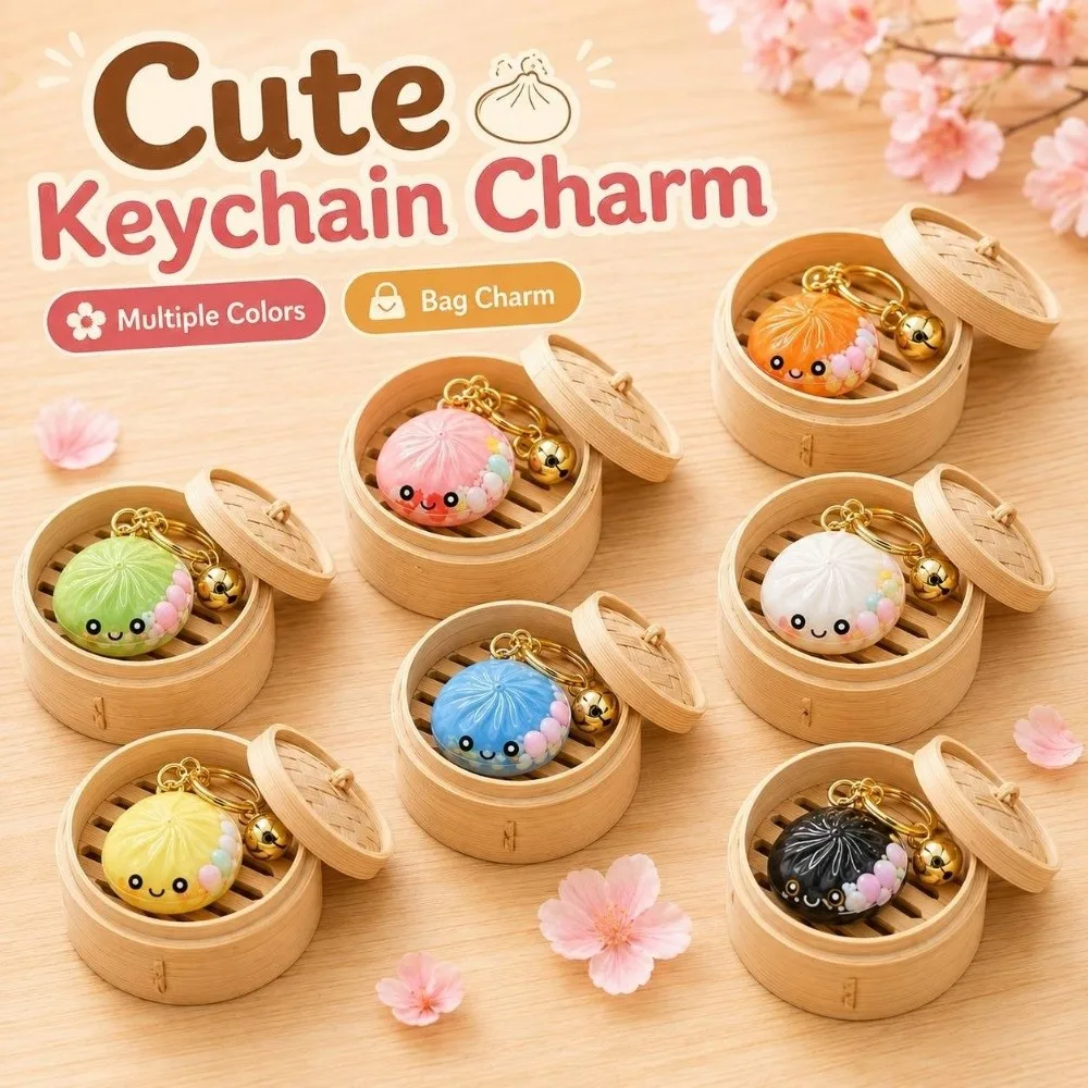 Colorful Miniature Bun Keychain Cute Cartoon Simulation Steamed Bun Pendant Acrylic Quicksand Glitter Crystal