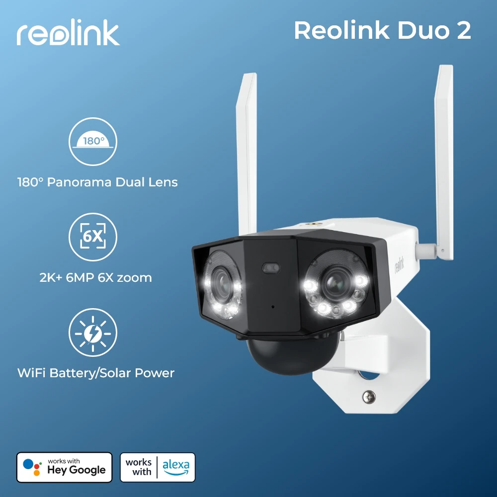 Reolink-cámara de vigilancia con wifi para exteriores, lente Dual de 6MP, Ultra HD, 180 °, panorámica, Dual Banda, Solar, sais fil, CCTV, Duo 2