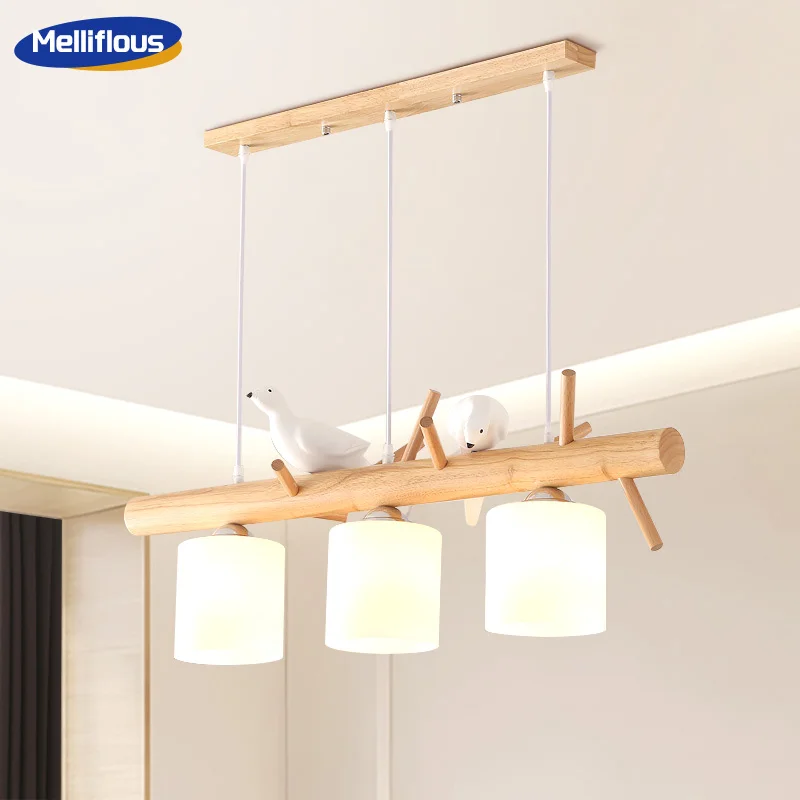 MELLIFLOUS Nordic Modern Simple Solid Wood Pendant 220V Glass Shade Restaurant Living Room Creative LED Wooden Bird Chandelier