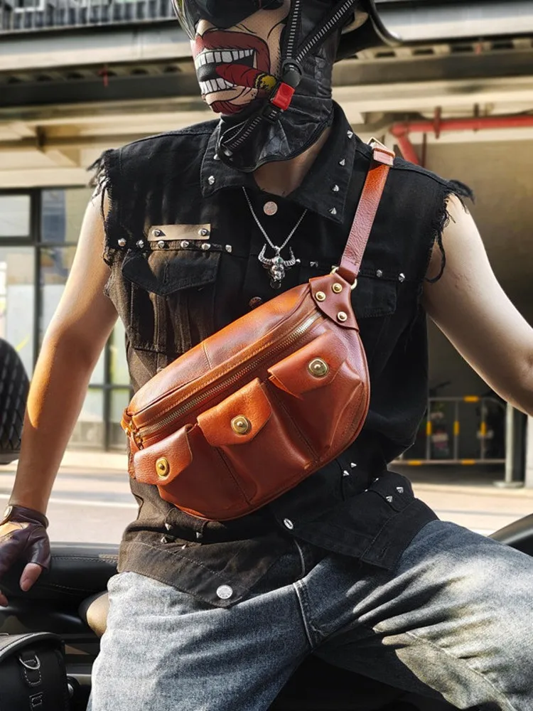 Handmade Large Capacity Mens Moto Biker Shoulder Bag Multi Pockets Cowhide Genuine Leather Strap Crossbody Bag Casual Chest Bags