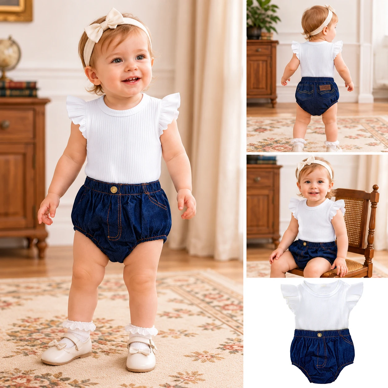 Süße Babykleidung für Mädchen, Sommer-Baumwoll-Strampler mit Rüschen, Jeans-Haarband, Kleinkind-Babykleidung-Set, Outdoor-Anzug
