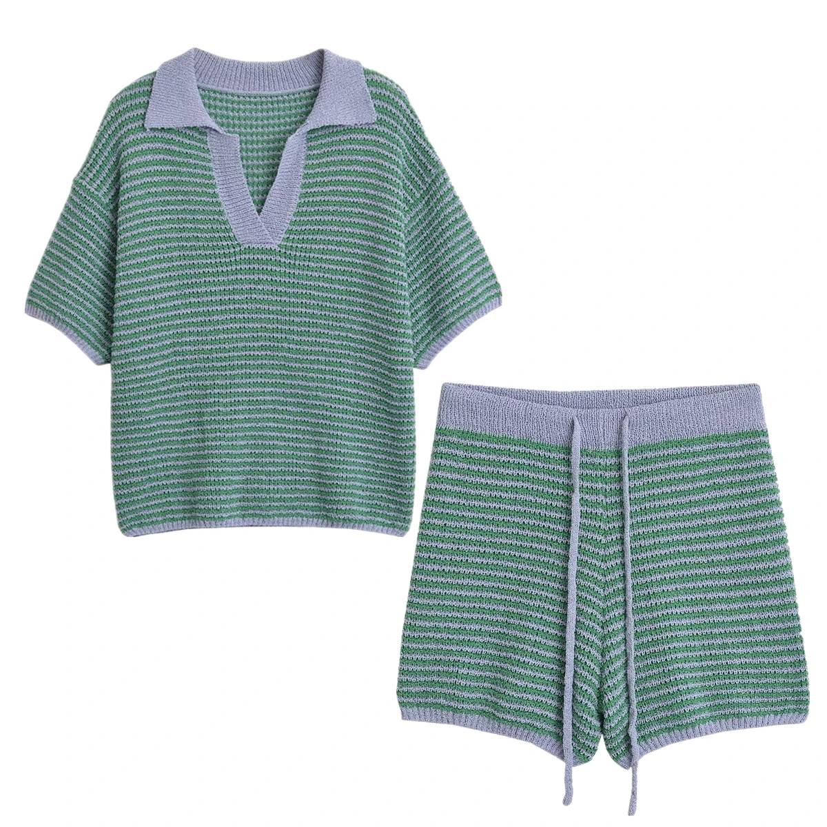 

Withered Preppy Vintage Striped Contrasting T-shirt Women Colors Turn Down Colar High Waist Knitted Shorts Bermuda Sets