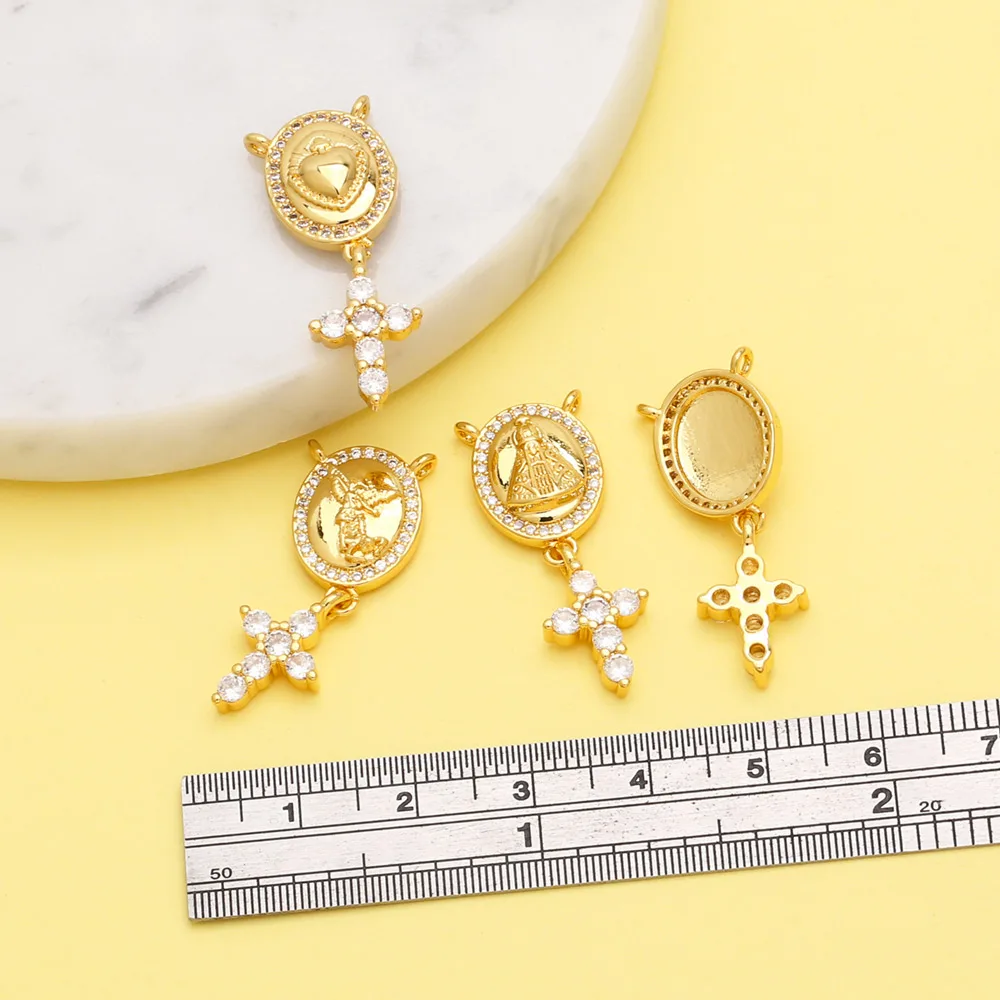 OCESRIO Boho White Crystal Cross Pendant for Necklaces Copper Gold Plated Virgin Mary Heart Jewelry Making Supplies pdtb464