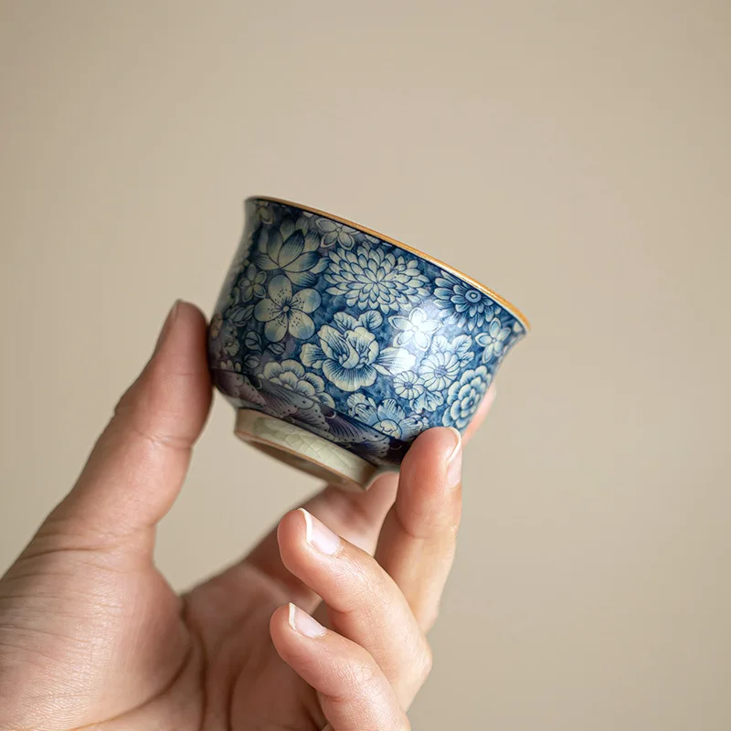 Old Tao Clay Blue White Ten Thousand Flower Ceramic Master Cup Pre Cracked Kung Fu Tea Household Tea Room Office Holiday Gift